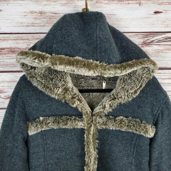 Athleta Womens Small Wool Blend Faux Fur Lined Hooded Coat Gray - Picture 2 of 11